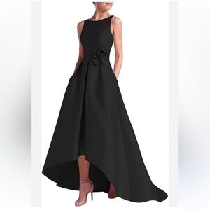 Miss Veil Black Satin Dress High Low Hemline Sleeveless A Line Boat Neck Size 10